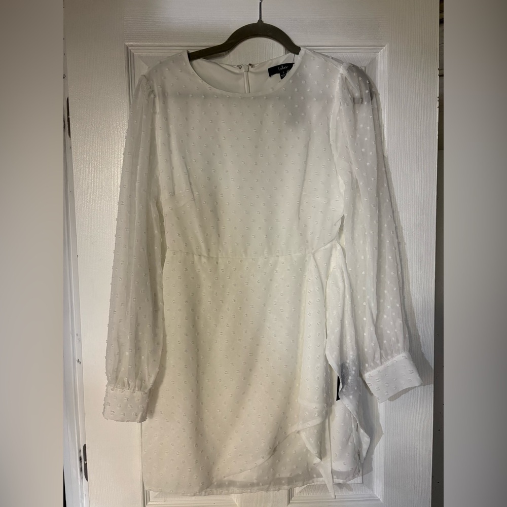 NWT Lulus Small Much Love White Swiss Dot Long Sleeve Tie-Front Mini Dress